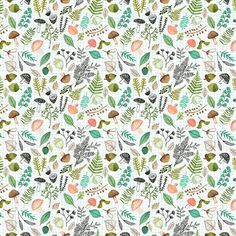 a pattern with birds, leaves and plants on white background for fabric or wallpaper