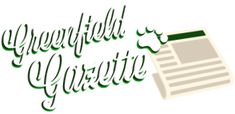 a green and white logo with the words greenfield gazette