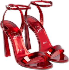 Glossy Open Toe Party Sandals, Luxury Glossy Sandals For Party, Glossy Open Toe Sandals For Party, Luxury Glossy Finish Sandals For Party, Designer Glossy Heels For Party, Glossy High Heel Sandals For Party, Luxury High Heel Sandals With Glossy Finish, Luxury Glossy Evening Sandals, Glamorous Formal Sandals With Red Sole