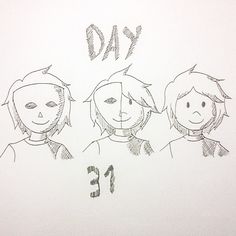 the drawing shows three children with faces drawn on paper