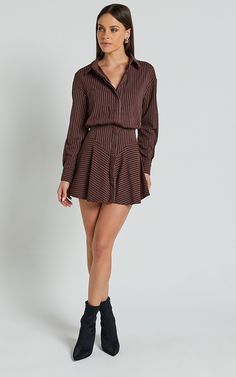 Whitney Mini Dress - Linen Look Long Sleeve Shirt Dress in Chocolate Pinstripe | Showpo USA Basic Black Dress, Spring Maxi Dress, Neon Outfits, Bachelorette Dress, Navy Bridesmaid Dresses, Dress Linen, Long Sleeve Knit Dress, Sparkle Dress, Casual Chic Outfit