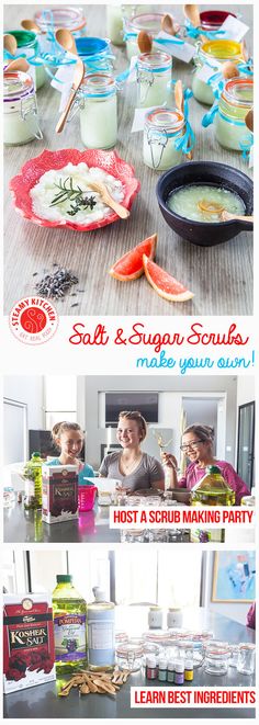 some food and drinks on a table with the words salt & sugar scrubs make your own