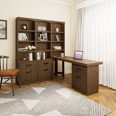 a room with a desk, chair and bookshelf on the floor in front of a window