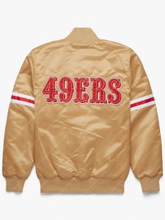 NFL San Francisco 49ers Golden Satin Bomber Jacket Long Sleeve Varsity Jacket For Game Day In Fall, Game Day Long Sleeve Winter Track Jacket, Long Sleeve Varsity Jacket For Fall Game Day, Long Sleeve Track Jacket For Game Day In Winter, Winter Long Sleeve Track Jacket For Game Day, Long Sleeve Varsity Jacket For Game Day In Winter, Winter Varsity Jacket With Long Sleeves For Game Day, Winter Varsity Jacket For Game Day With Long Sleeves, Winter Game Day Long Sleeve Varsity Jacket