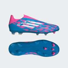 the adi predator soccer shoe is shown in blue and pink with white lettering on it