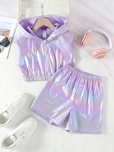 Multicolor Casual Collar   Ombre,Plain  Embellished Slight Stretch  Tween Girls Clothing Purple Sleeveless Sets For Summer, Casual Purple Sleeveless Sets, Cute Outfits With Shorts, Adrette Outfits, Cute Dress Outfits, Trendy Fashion Tops, Hooded Vest, Easy Trendy Outfits