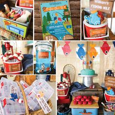 a collage of pictures with different items on it and in the middle there is a cake