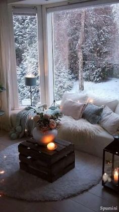 a living room filled with lots of furniture next to a large window covered in snow