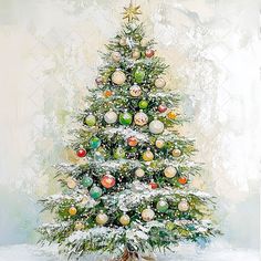 a painting of a christmas tree with ornaments on it's branches and snow covered ground