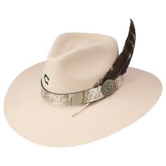 Style number: CWSDWR-403661 Silverbelly sidewinder Snake skin print hat band Silver Concho with turquoise center Feather detail Fire branded "C" 3 3/4" brim Charlie 1 Horse Hat, Trending Hats, Horse Fashion, Felt Cowboy Hats, Rancher Hat, Western Hat, Crown Hat, Feather Hat, Cowgirl Hat