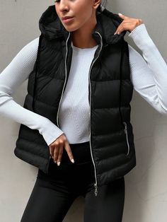 Zip Up Hooded Puffer Vest Coat Black Casual  Sleeveless Woven Fabric Plain vest,Puffer Non-Stretch  Women Clothing, size features are:Bust: ,Length: ,Sleeve Length: Plain Vest, Outerwear Women Winter, Chaleco Casual, Mens Winter Coat, Vest Coat, Flare Leg Pants, Womens Baseball Cap, Belted Coat, Casual Athletic