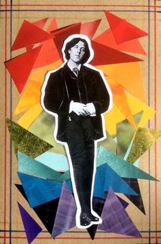 a collage of a man in a suit and tie with colorful triangles around him