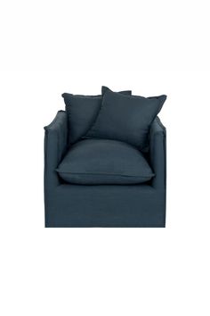 a blue chair with two pillows on the back and one arm folded up to it's side