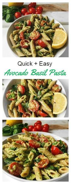 two pictures of different types of pasta and vegetables in bowls with the words quick easy avocado basil pasta delicious vegan recipe 4 u