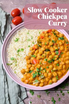 a pink bowl filled with chickpea curry and rice