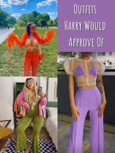 four different pictures with the words, outfits harry would approach off and an image of a woman