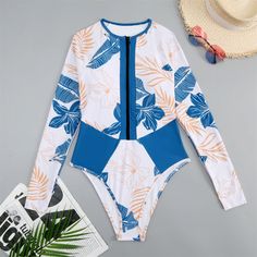 New Ladies Long Sleeve Surfing Suit Printed Zipper Turtleneck One-piece Swimsuit White Long Sleeve Surfing Bodysuit, Blue Long Sleeve Surfing Bodysuit, Blue Long Sleeve Bodysuit For Surfing, Surfing Suit, Blue Swimsuit, One Piece Swimsuit, Surfing, Turtle Neck, Blue And White