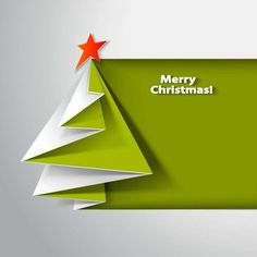 a green christmas card with a red star on top and white origami trees