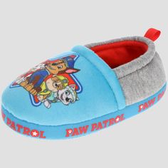 children's paw patrol slippers in blue and grey with cartoon characters on the side