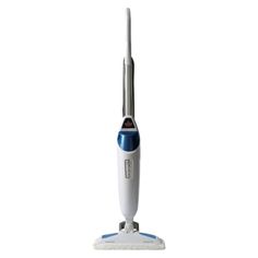 a white and blue vacuum cleaner on a white background