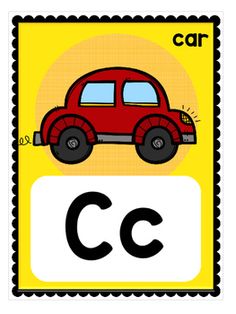 the letter c is for car and it has an image of a red car on it