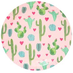 a pink paper plate with green and red cactuses, hearts and flowers on it