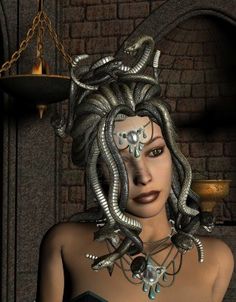 a woman with snakes on her head and necklace