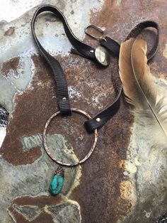 "Just riveting copper hammered hoop with arrows embossed on leather with buffalo nickel closure, western heritage style,cowgirl,artisan necklace. Sits about 19\" on neckline. This necklace is made to order so turquoise will vary in color tones but it will all be genuine turquoise. Hoop is approximately 1.75\" in diameter so it is a larger size, but you can request a smaller hoop if you wish! So lightweight, you hardly know it's on." Brown Leather Jewelry, Leather And Beads, Artisan Bag, Brass Monkey, Dainty Pearl Necklace, Cowgirl Magazine, White Beaded Necklaces, Princess Earrings, Artisan Necklace