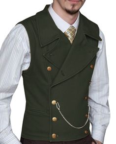 a man wearing a green vest with gold buttons on the lapel and chain around his waist