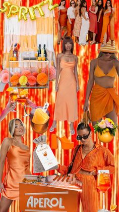 a collage of women dressed up in oranges and dresses, with the words apricot written on it