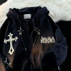 Retro Hoodies, Goth Hoodie, Hip Hop Jacket, Vintage Letters, Hooded Cardigan Sweater, Embroidery Hoodie, Y2k Tops, Embroidery Sweatshirt, Y2k Clothes