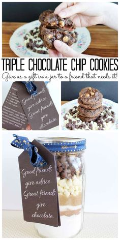 chocolate chip cookies in a jar with tags