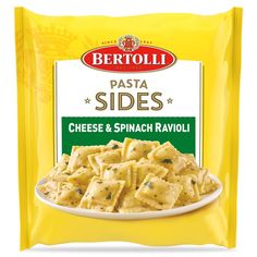 a bag of pasta with cheese and spinach ravioli on a white plate in front of a yellow background