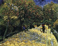 a painting of people walking down a cobblestone road with trees and water in the background