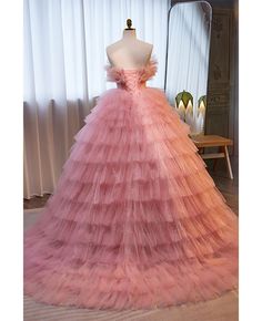 Get 10% off now! Buy cute pink puffy ballgown prom dress strapless at cheap price online. Free stable shipping and pro custom service since 2009. Puffy Pink Dress, Layered Ball Gown, Prom Dress Pictures, Sweep Train Prom Dress, Rosa Coral, Lace Wedding Dress With Sleeves, Beautiful Bridesmaid Dresses, Strapless Prom Dresses, Prom Dresses With Pockets