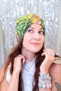 This wearable art fashion turban features exclusive fabric created from Mademoiselle Mermaid's flower photography!! Cotton jersey knit is super soft 'n lovely to wear and really comes to life in a gorgeous tropical butterfly print. A perfect hair turban for early morning meditations, art walks, film festivals, and leisurely weekend brunches. Tuck your hair up into it for a 1920's take on the item, or let your hair fall loose for a more bohemian vibe. ...Add a sparkly rhinestone jewel for a glamo Green Headband For Beach And Spring Season, Green Headband For Beach In Spring, Green Headband For Beach And Spring, Adjustable Green Headscarf For Spring, Summer Headwrap Beanie One Size, Fitted Green Headwrap Headband, Green Fitted Headband Wrap, Fitted Green Headband Headwrap, One Size Summer Beanie Headwrap