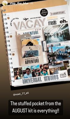 an image of the front cover of a magazine with words and pictures on it that read vacay