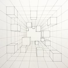 an abstract drawing of cubes in the middle of a room with white walls and flooring