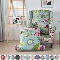 a chair and ottoman in a room with flowers on it, next to a ladder