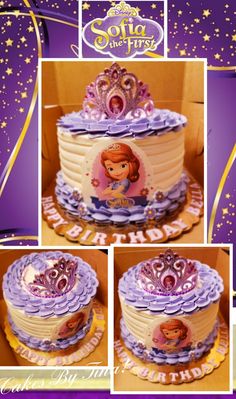 the cake is decorated with princesses and purple icing