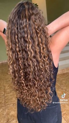 Hair Color Ideas For Brown Curly Hair, Brown Highlighted Curly Hair, Chestnut Highlights Curly Hair, High Contrast Curly Hair, Brown Curly Hair Caramel Highlights, Light Brown With Highlights Curly Hair, Light Highlights On Curly Hair, Long Curly Hair Balayage, Curly Head Highlights