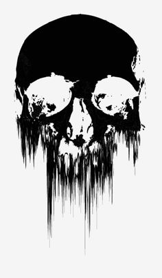 a black and white drawing of a skull with dripping paint on it's face