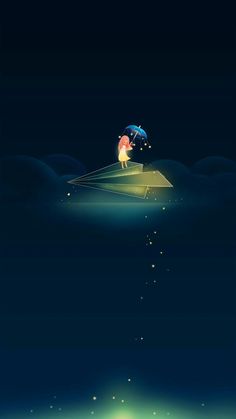 an animated image of a person on a paper boat floating in the ocean at night