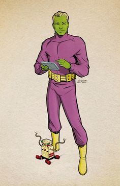 a drawing of a man in a purple suit and yellow boots standing next to a box