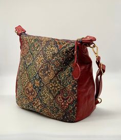 Excited to share this item from my #etsy shop: Blue and Red Tapestry with Red Leather Transformable Bag Backpack with Sequins Tapestry Backpack, Vintage Leather Messenger Bag, Red Tapestry, How To Make Purses, Tapestry Bag, Best Purses, Fabric Purses, Vintage Leather Bag, Traditional Rug