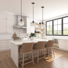 a large kitchen with white cabinets and wooden flooring is pictured in this image, there are four stools at the center of the island