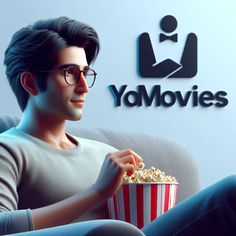 a man sitting on a couch holding a popcorn bucket in front of a sign that says yo movies