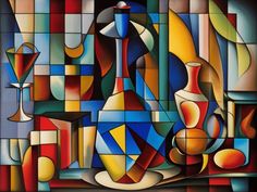 an abstract painting with many different colors and shapes on it's surface, including vases