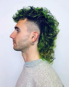 Perm Mullet Men, Mullet Men Haircut, Perm Mullet, Trend Haircut, Mullet Men, Loose Perm, Neon Hair Color, Fade Haircut Curly Hair, Mohawk Mullet