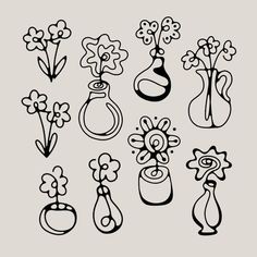 a bunch of flowers in vases drawn with black ink on a gray background illustration